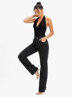 Jeans rectos de tiro alto con strass