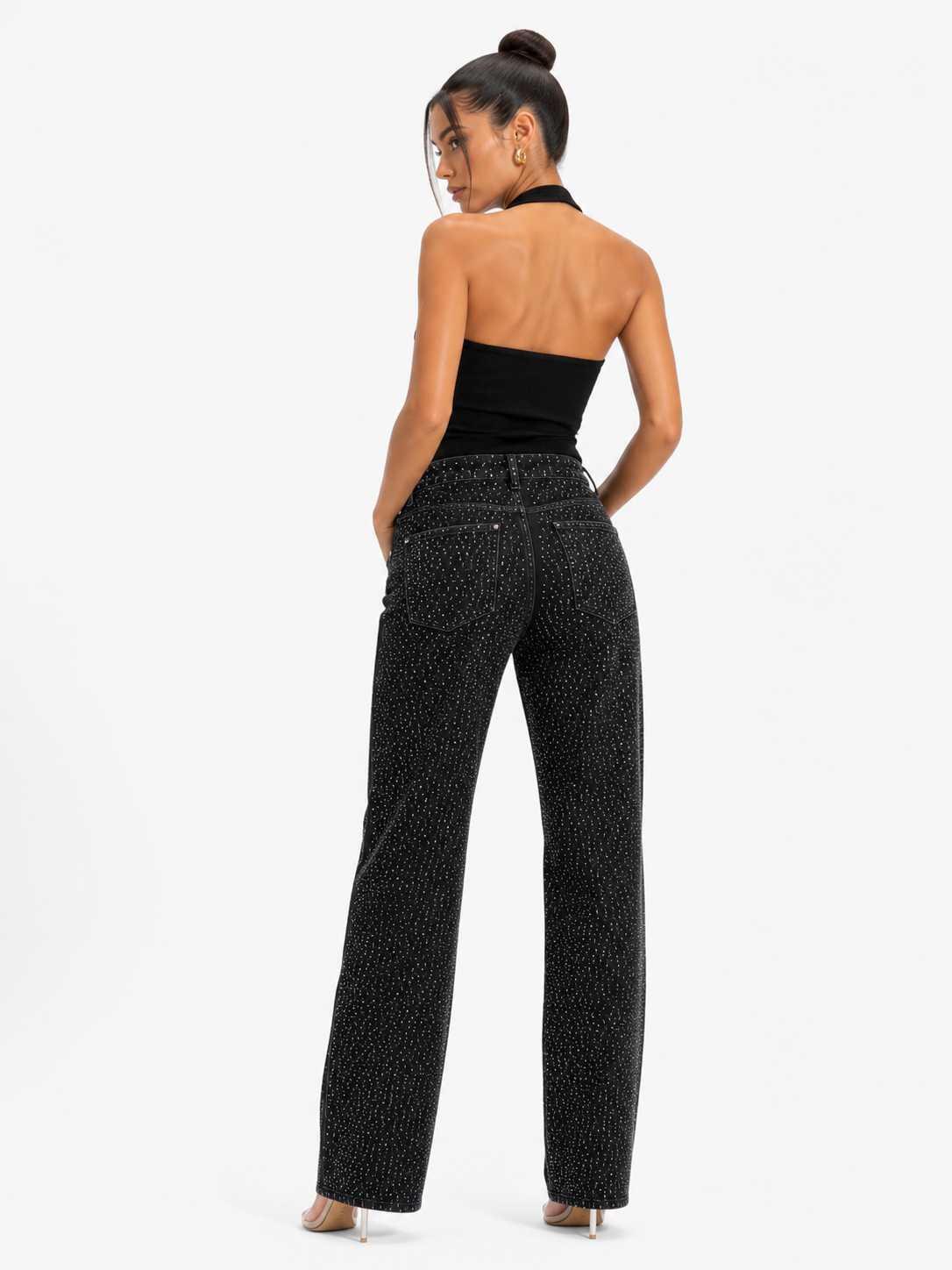 Jeans rectos de tiro alto con strass