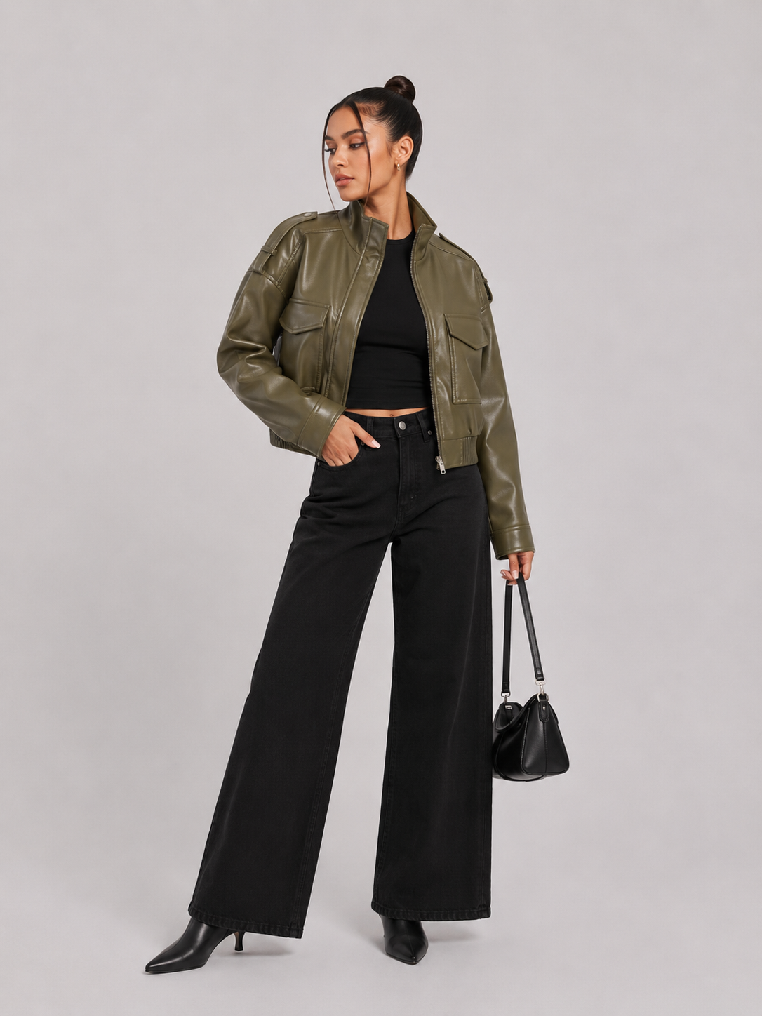 Crop Leather Bomber