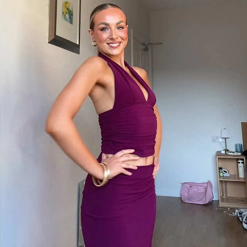 Women's Two Pieces Set Sexy Backless Halter Top Summer Set Woman Slit High Waist Skirt Set Elegant Women 2 Piece Set 2025