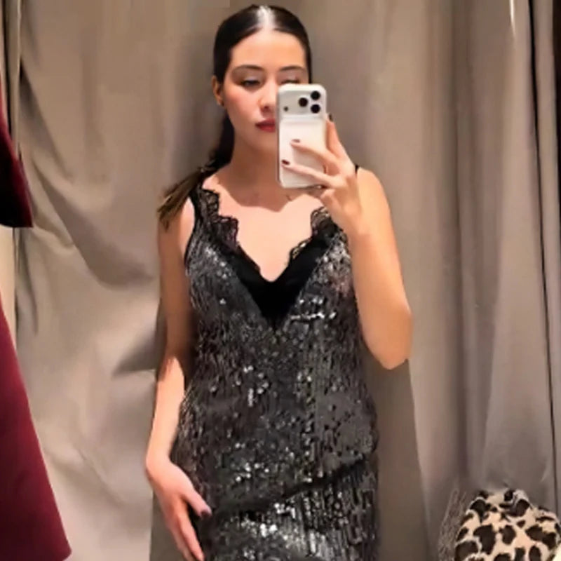 HXAO Asymmetric Lace Sequin Top Women Y2K Tanks & Camis Sexy Slip Tank Top Sleeveless Glitter Camisole Chic Shiny Backless Vests