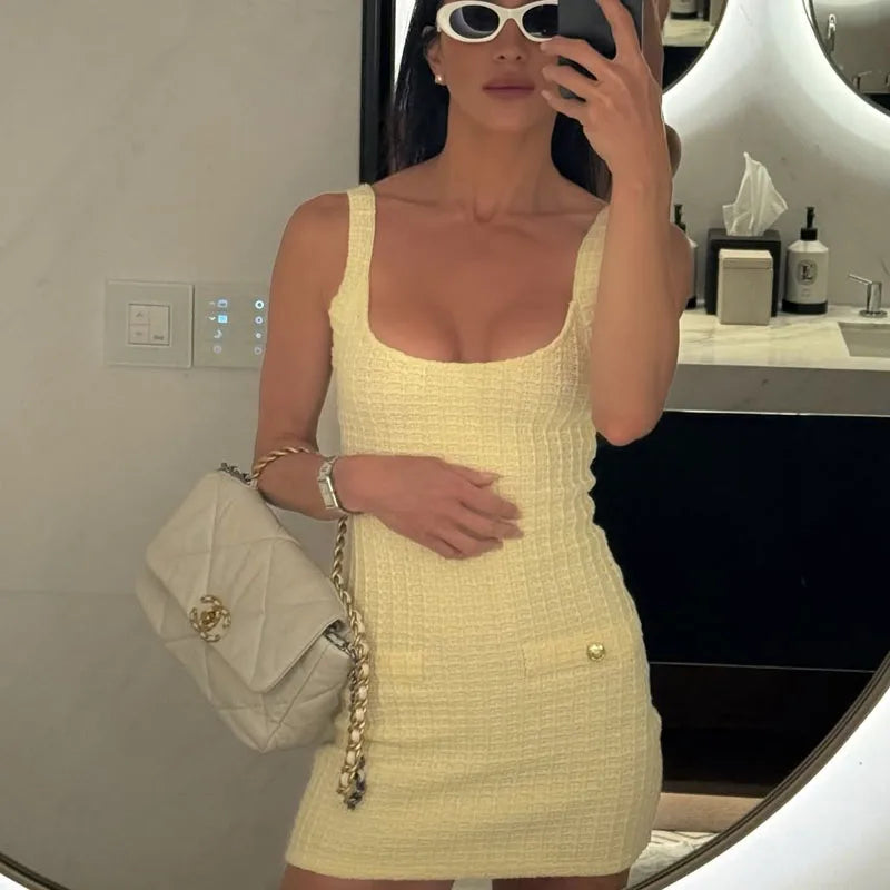 HXAO Short Women's Dress Summer 2025 New Backless Sleeveless Corset Dress Elegant Gowns Yellow Knitted Party Beach Female Dress