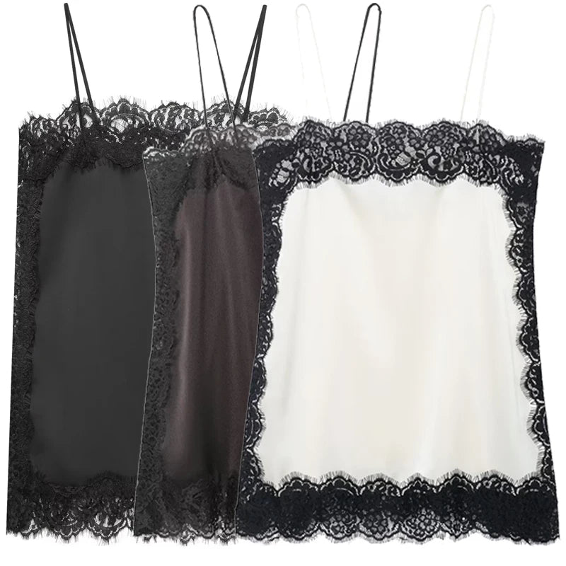 HXAO Satin Lace Slip Top Women Summer 2026 Y2K Crop Tanks & Camis Sexy Sleeveless Backless Camisole Elegant Party Tops For Woman