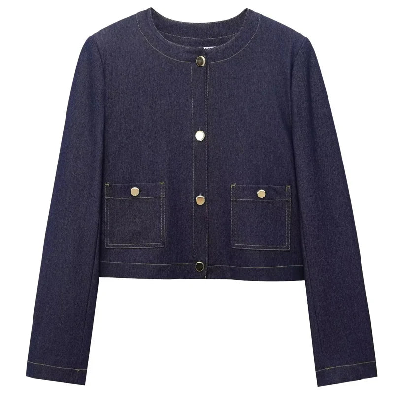 HXAO Woman 2025 Denim Pant Sets Women's Two Pieces Set Elegant Crop O-Neck Coat Suit Set 2 Piece Woman High Waist Trousers Sets