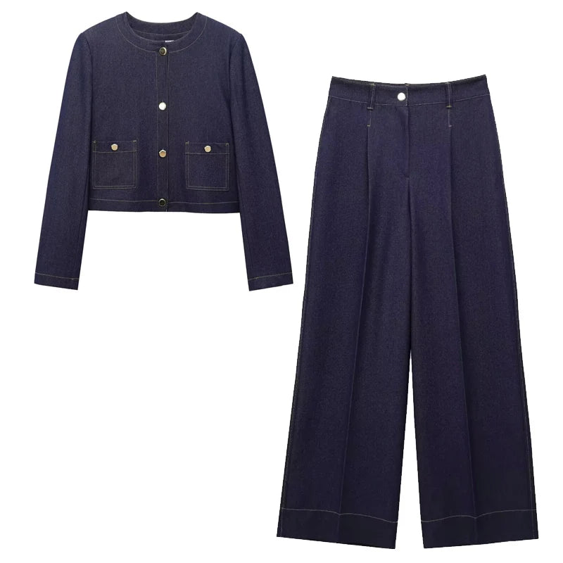 HXAO Woman 2025 Denim Pant Sets Women's Two Pieces Set Elegant Crop O-Neck Coat Suit Set 2 Piece Woman High Waist Trousers Sets