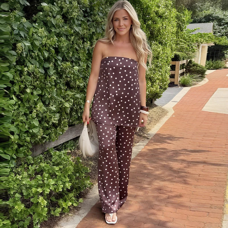 HXAO Women's Two Pieces Set Satin Pant Sets Summer Women's Suit Strapless Off Shoulder Tube Top Outfit High Waist Trousers Sets