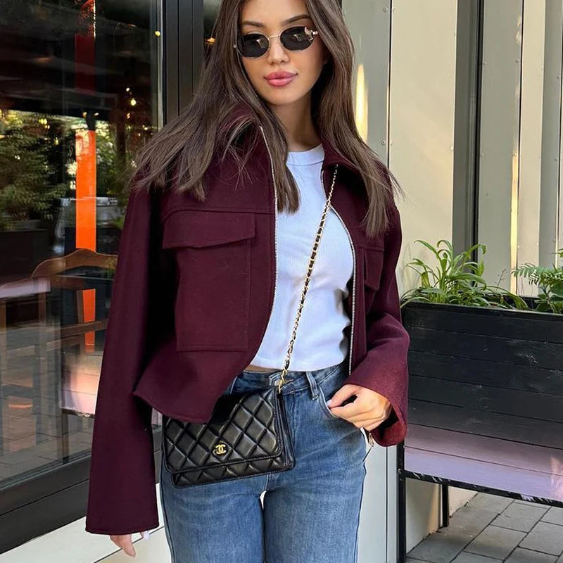 HXAO Autumn Winter Cropped Jacket for Women Fleece Outerwear Short Coat Tweed Jacket Zip Demi-season Jacket Woman New in Coats