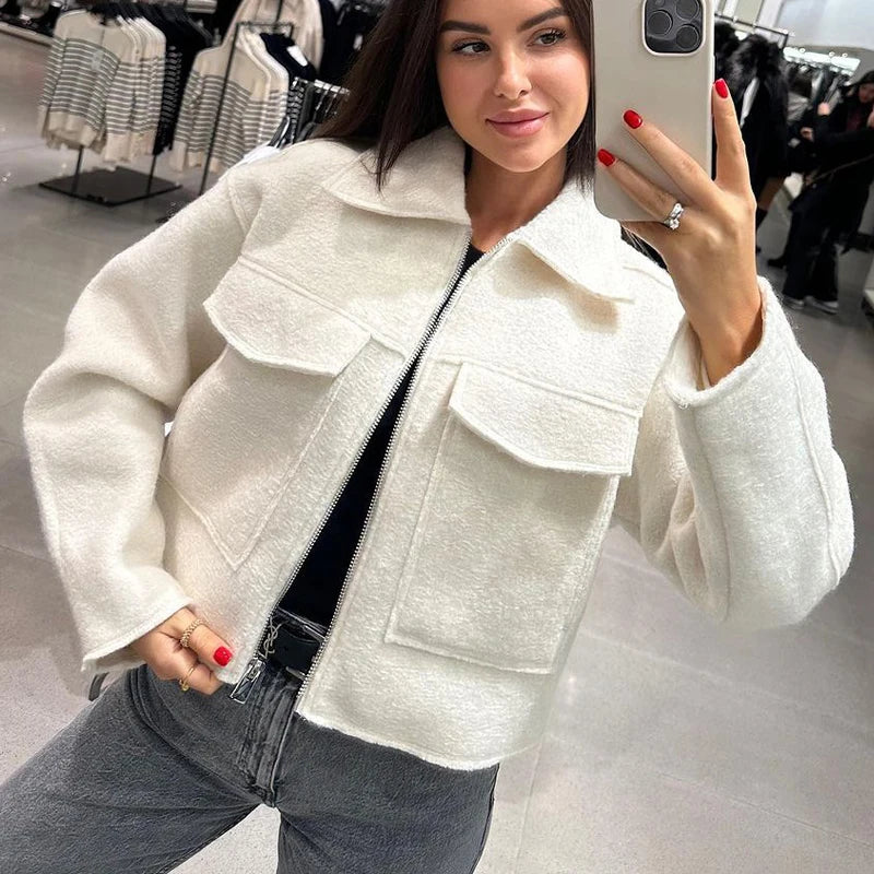 HXAO Autumn Winter Cropped Jacket for Women Fleece Outerwear Short Coat Tweed Jacket Zip Demi-season Jacket Woman New in Coats