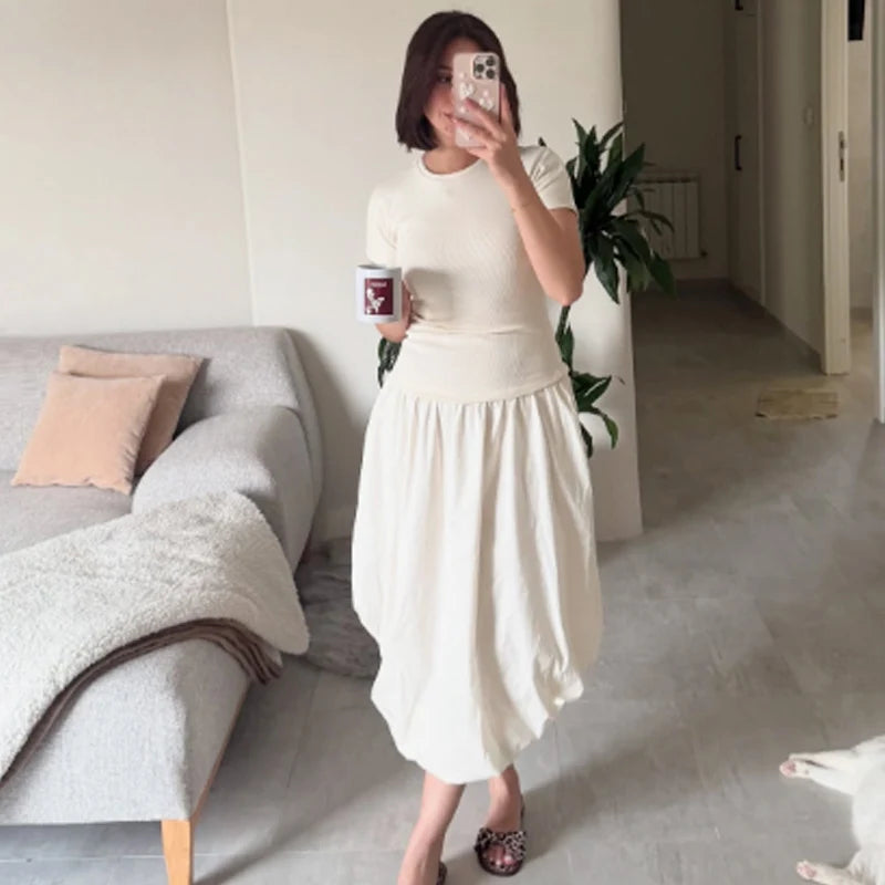 HXAO 2025 Womens Balloon Dresses Summer Elegant Evening Party Long Dresses Off White Patchwork Short Sleeve Dress Chic Vestidos