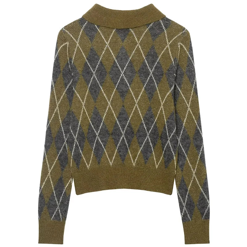 HXAO Crop Argyle Pullover Women's Sweater Autumn Spring Sweaters & Jumpers Women's Long Sleeve Top Elegant Button Light Knitwear