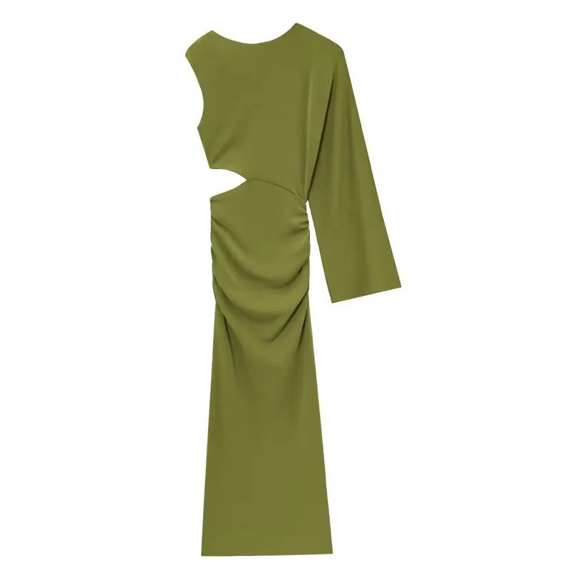 Women's Summer Dress Green Asymmetrical Women's Corset Ruffled Long Dress Single Long Sleeve Hollow Dresses Elegant Female Dress
