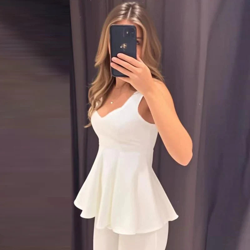 HXAO Women White Slip Top Summer Tanks & Camis Fashion Strap Crop Backless Tops With Straps Ruffled Sleeveless High Street Vests