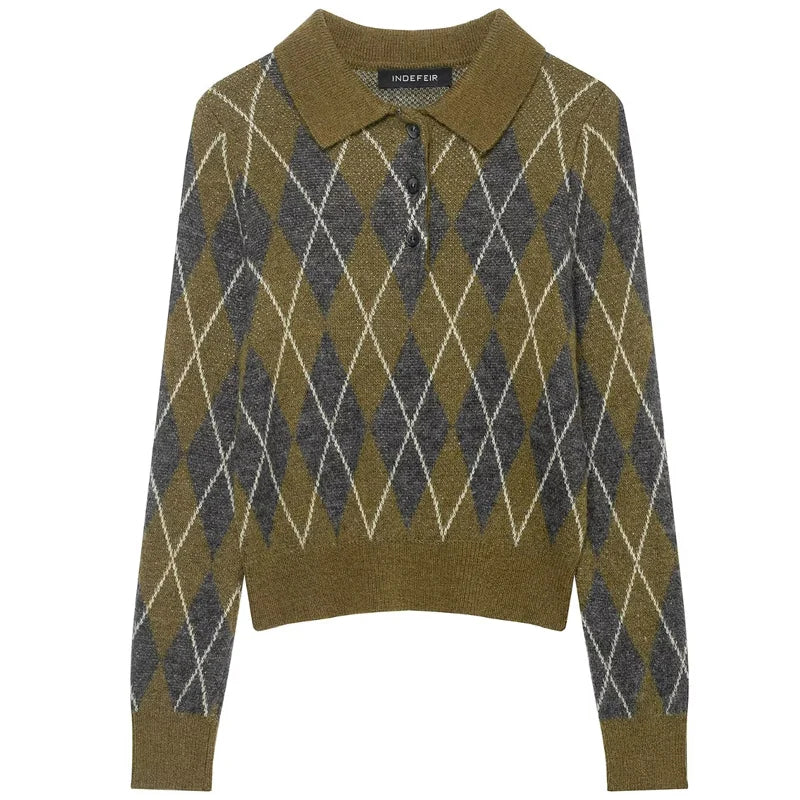 HXAO Crop Argyle Pullover Women's Sweater Autumn Spring Sweaters & Jumpers Women's Long Sleeve Top Elegant Button Light Knitwear
