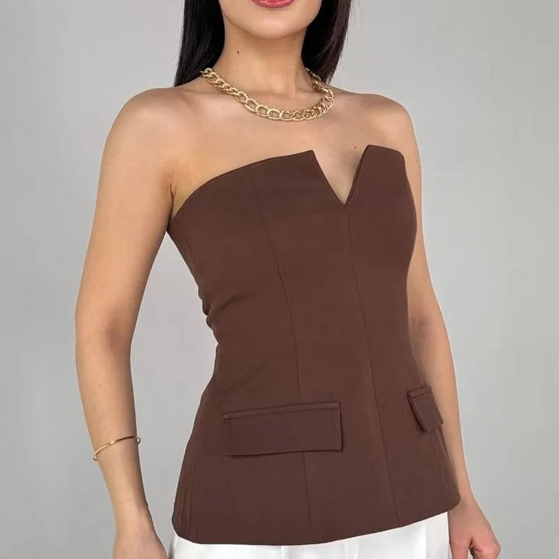 HXAO Corset Tube Top Women Summer 2025 Strapless Tanks & Camis Red Brown Black White Tank Tops Sexy Off Shoulder Crop Vests 066