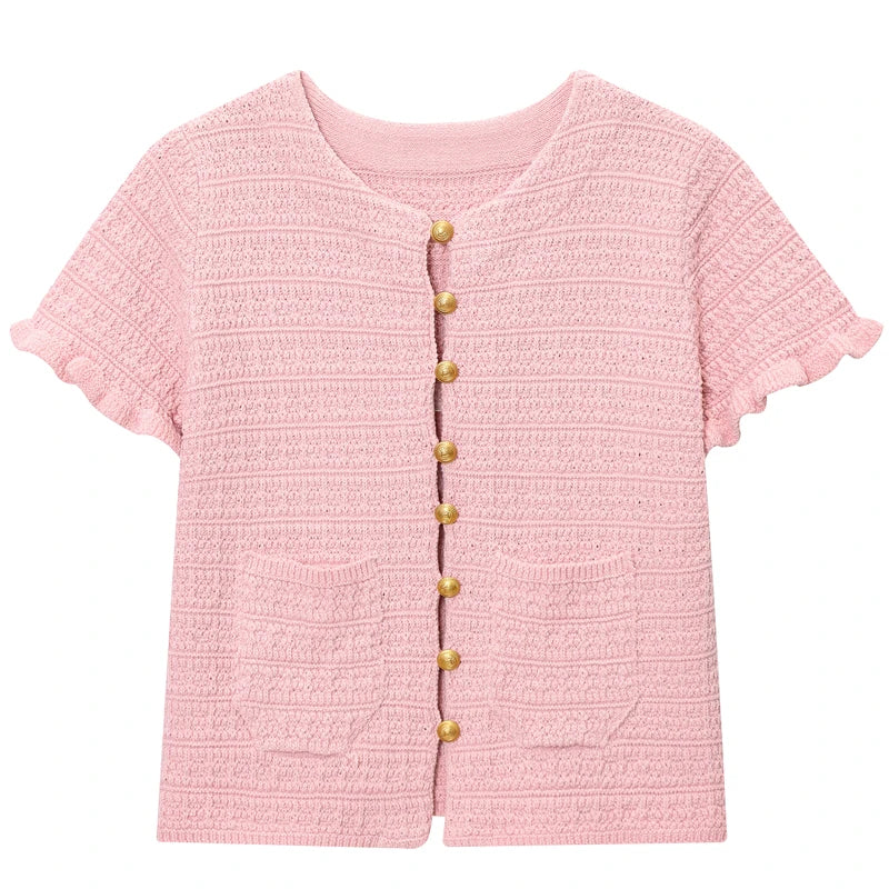 HXAO Crop Knit Cardigan For Women Summer Knitwear 2025 Women's Sweater Pink Off White O-Neck Short Sleeve Bolero Cardigan Woman