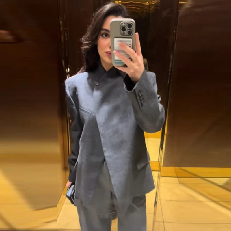 HXAO 2025 Women's Jacket Autumn Grey Asymmetric Outerwears New In Coats & Jackets Long Sleeve Tops Ladies Button Outdoor Jackets