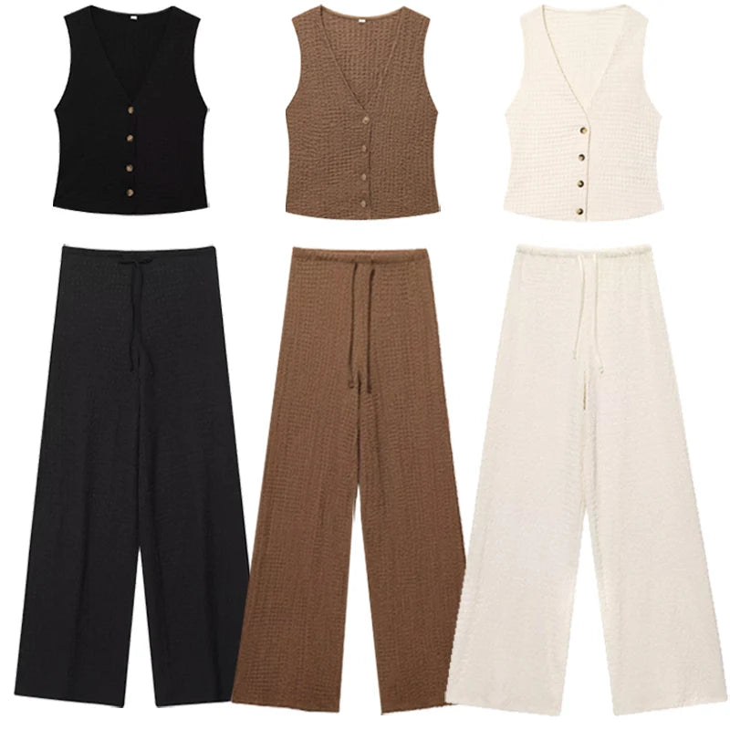 HXAO Textured Pant Sets Women's Two Pieces Set Crop V-Neck Sleeveless Vest 2 Piece Sets Woman Outfit Lace-Up Trousers Sets Suits