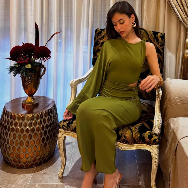 Women's Summer Dress Green Asymmetrical Women's Corset Ruffled Long Dress Single Long Sleeve Hollow Dresses Elegant Female Dress