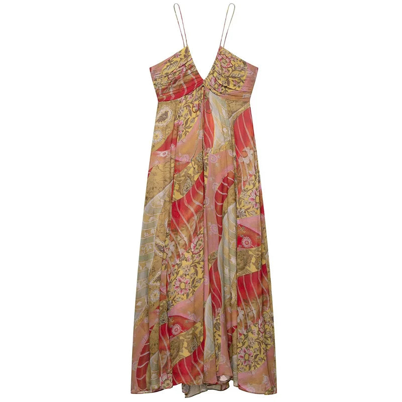 HXAO Womens Dresses Print Slip Dress Summer 2025 Elegant Party Dresses Midi Floral Ruffled Lace-Up V-Neck Backless Chic Vestidos