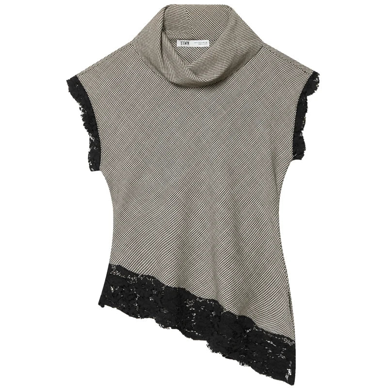 HXAO Asymmetric Lace Plaid Shirt Women's Blouse Spring Summer 2026 High Neck Sleevesless Top Elegant And Youthful Women Blouses
