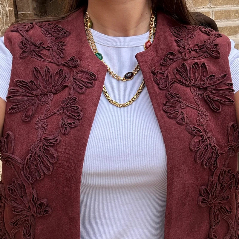 Women Embroidered Vest Top O Neck Faux Suede Women's Sleeveless Vest Casual Loose Waistcoat Woman Chic Lady Top Street Outwear