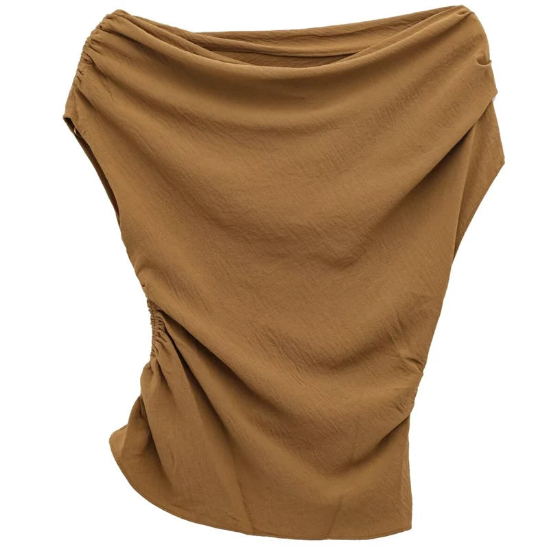 HXAO Top Women Summer 2025 Asymmetric Ruffled Tanks & Camis Crop Corset White Brown Tunic Tops For Woman Elegant Fashion Vests