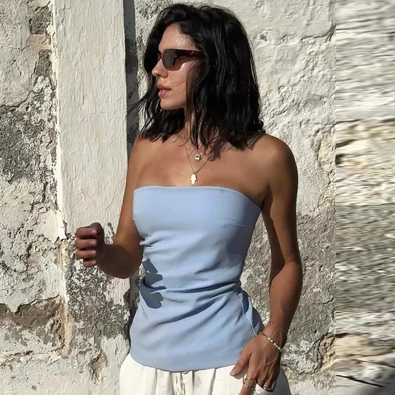 HXAO Corset Tube Top Women Summer 2025 Fashion Tanks & Camis Pink Blue White Black Vest Strapless Ruffled Backless Slim Tank Top