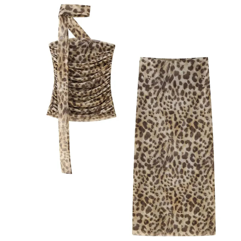 HXAO Leopard Mesh Skirt Set Women's Two Pieces Set Crop Ruffle Halter Tube Top Vest Set 2 Piece Woman Midi Tulle Skirt Suit 066