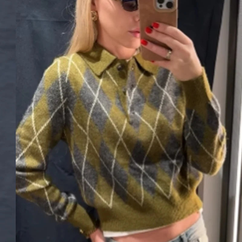 HXAO Crop Argyle Pullover Women's Sweater Autumn Spring Sweaters & Jumpers Women's Long Sleeve Top Elegant Button Light Knitwear