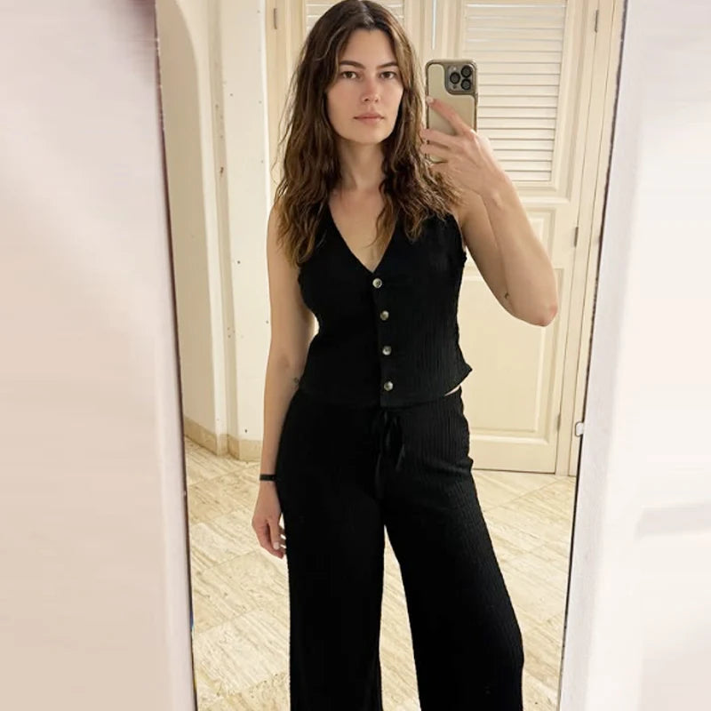 HXAO Textured Pant Sets Women's Two Pieces Set Crop V-Neck Sleeveless Vest 2 Piece Sets Woman Outfit Lace-Up Trousers Sets Suits