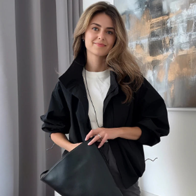 HXAO Cropped Black Windbreaker Women's Jacket Autumn 2025 Oversize Zip-Up Long Sleeve Top Coat Windproof Stand Collar Outerwears