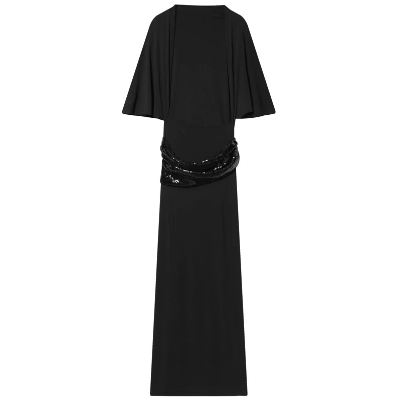 HXAO Sequins Black Dress Womens Dresses Summer 2026 Sexy O-Neck Batwing Sleeves Backless Belt Vestidos Fashion Christmas Dresses