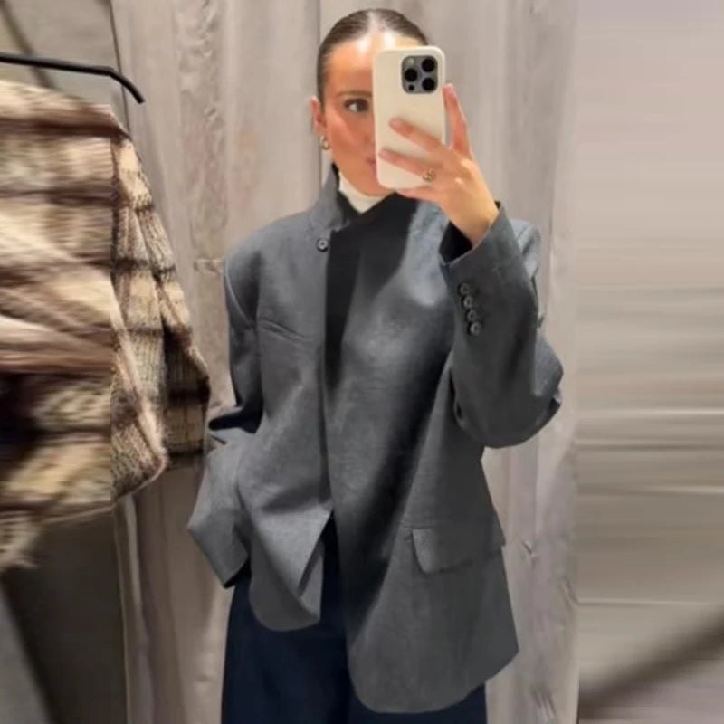 HXAO 2025 Women's Jacket Autumn Grey Asymmetric Outerwears New In Coats & Jackets Long Sleeve Tops Ladies Button Outdoor Jackets