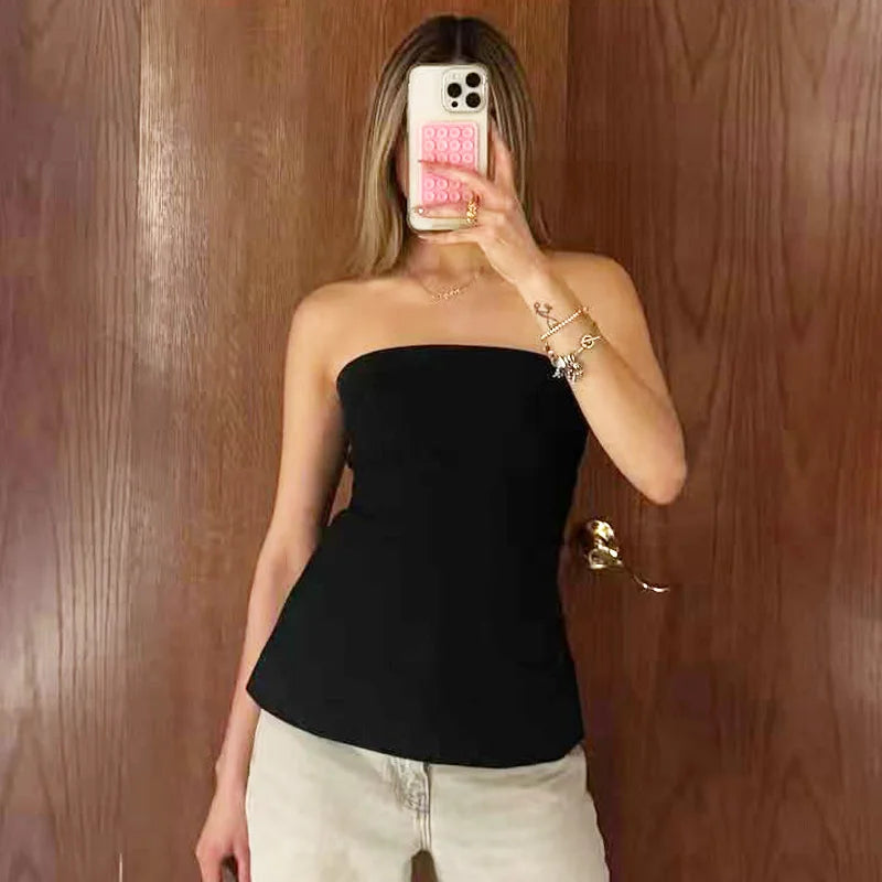 HXAO Corset Tube Top Women Summer 2025 Fashion Tanks & Camis Pink Blue White Black Vest Strapless Ruffled Backless Slim Tank Top