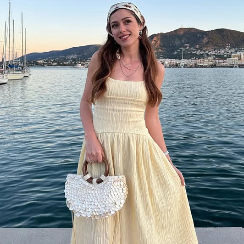 HXAO 2025 Pleated Slip Dress Womens Dresses Summer Sexy Yellow Long Dresses Backless Sleeveless Dress Textured Ruffled Vestidos