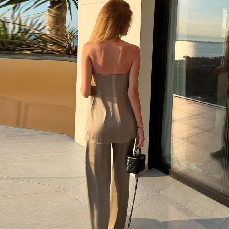 HXAO Women's Two Pieces Set Satin Pant Sets Summer Women's Suit Strapless Off Shoulder Tube Top Outfit High Waist Trousers Sets