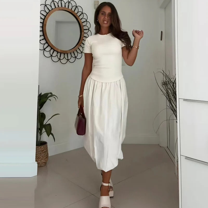 HXAO 2025 Womens Balloon Dresses Summer Elegant Evening Party Long Dresses Off White Patchwork Short Sleeve Dress Chic Vestidos