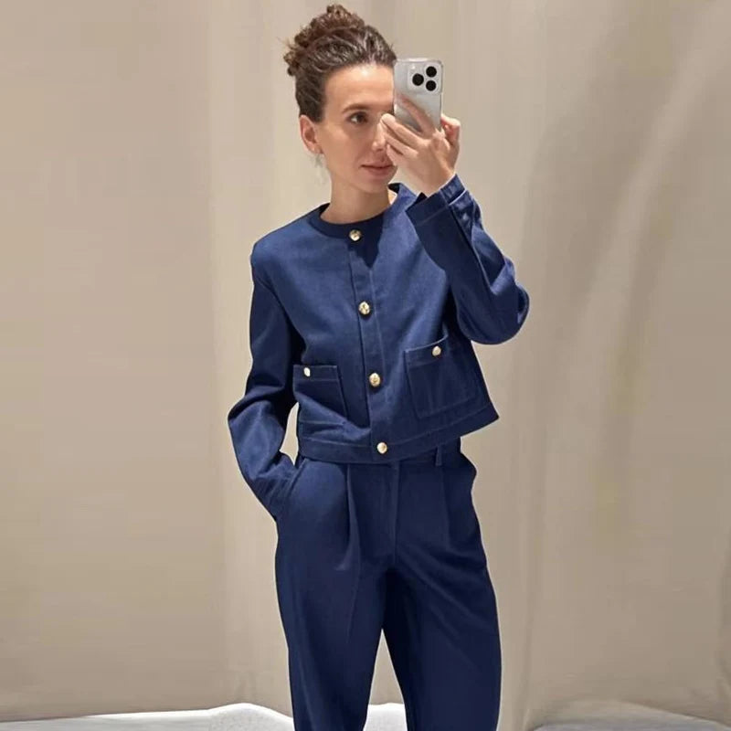 HXAO Woman 2025 Denim Pant Sets Women's Two Pieces Set Elegant Crop O-Neck Coat Suit Set 2 Piece Woman High Waist Trousers Sets