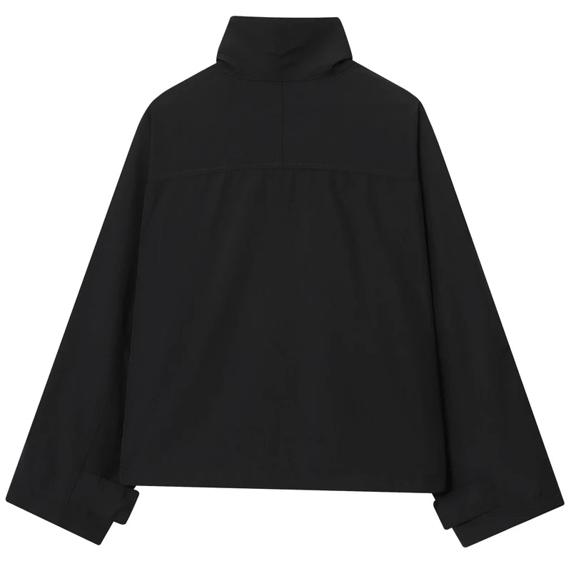 HXAO Cropped Black Windbreaker Women's Jacket Autumn 2025 Oversize Zip-Up Long Sleeve Top Coat Windproof Stand Collar Outerwears