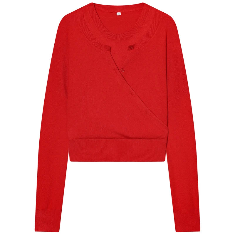 HXAO Crop Red Pullover Women's Sweater knit Sweaters & Jumpers Layered Light Slim Fit Long Sleeve Knitwear Korean Style Pullover