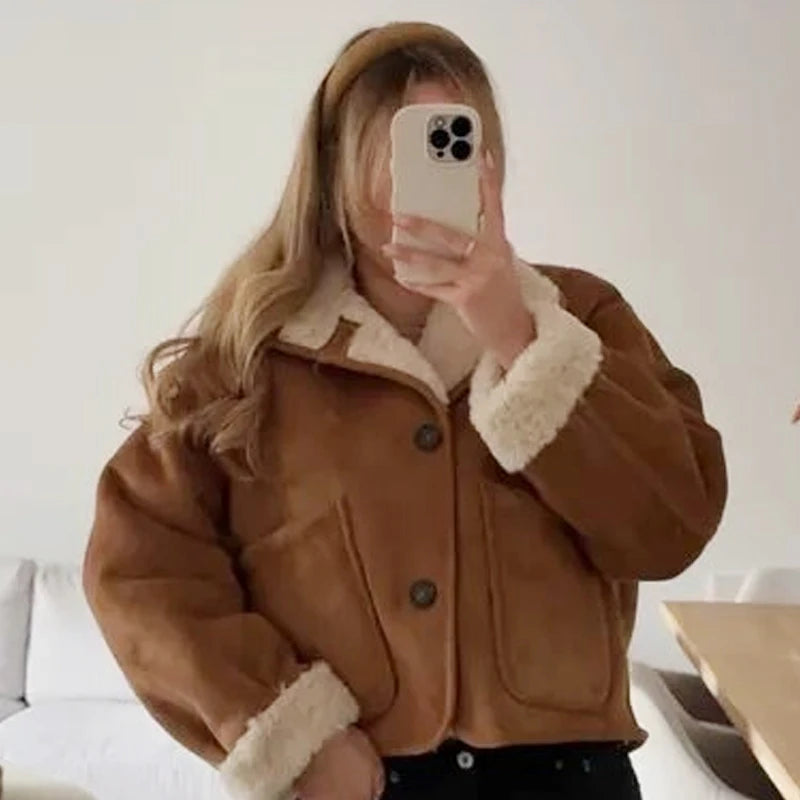 HXAO Cropped Suede Jacket Women's Jacket 2025 Teddy Fleece Double-Sided Jacket  Button Up Long Sleeve Outerwear Chic Hairy Coat