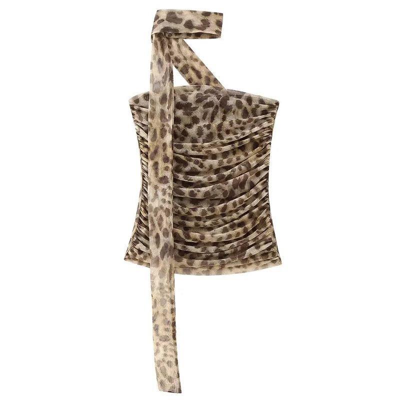 HXAO Leopard Mesh Skirt Set Women's Two Pieces Set Crop Ruffle Halter Tube Top Vest Set 2 Piece Woman Midi Tulle Skirt Suit 066