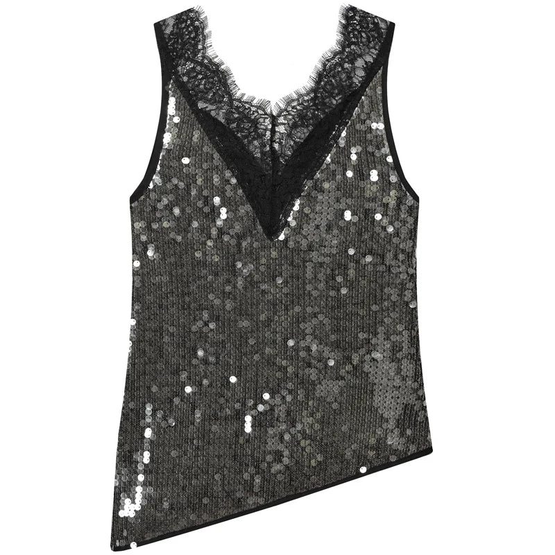 HXAO Asymmetric Lace Sequin Top Women Y2K Tanks & Camis Sexy Slip Tank Top Sleeveless Glitter Camisole Chic Shiny Backless Vests