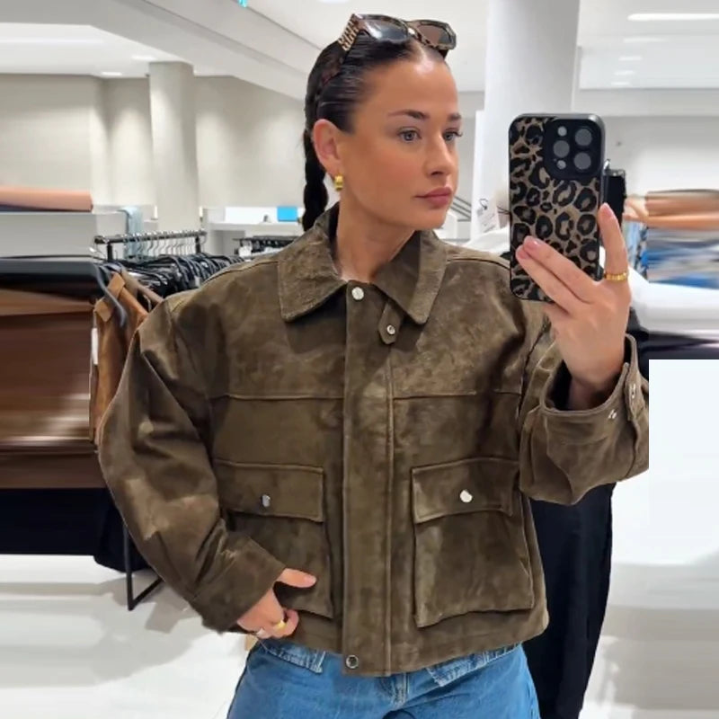 HXAO Green Faux Suede Jacket Women's Bomber Jacket Autumn 2025 New In Coats & Jackets Chic Elegant Pockets Long Sleeve Outerwear