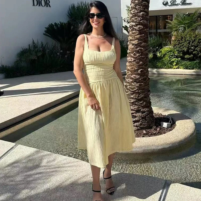 HXAO 2025 Pleated Slip Dress Womens Dresses Summer Sexy Yellow Long Dresses Backless Sleeveless Dress Textured Ruffled Vestidos