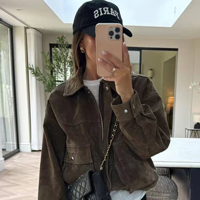 HXAO Green Faux Suede Jacket Women's Bomber Jacket Autumn 2025 New In Coats & Jackets Chic Elegant Pockets Long Sleeve Outerwear