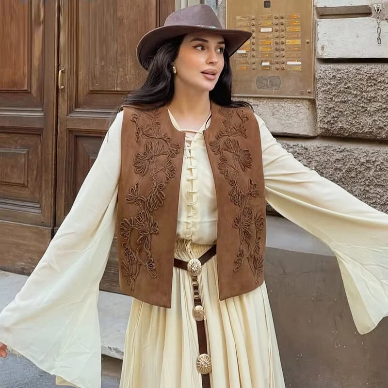 Women Embroidered Vest Top O Neck Faux Suede Women's Sleeveless Vest Casual Loose Waistcoat Woman Chic Lady Top Street Outwear