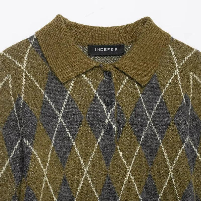 HXAO Crop Argyle Pullover Women's Sweater Autumn Spring Sweaters & Jumpers Women's Long Sleeve Top Elegant Button Light Knitwear