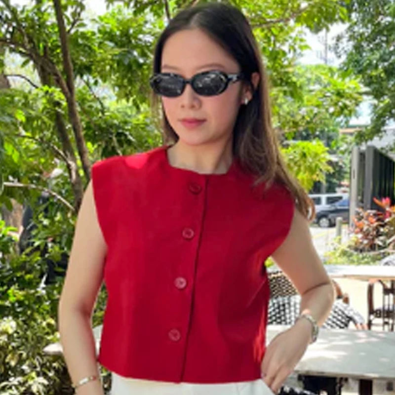 HXAO Women's Vest Summer 2025 Red White Black Outerwears Female Vest Crop Sleeveless Waistcoat Ladies Fashion Elegant Woman Tops