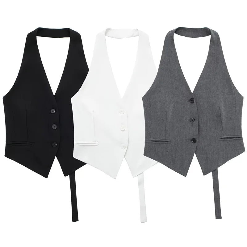 HXAO Women's Vest Crop Halter Neck Waistcoat Black White Grey Outerwears Button Backless Sleeveless Top Female Chic Elegant Vest
